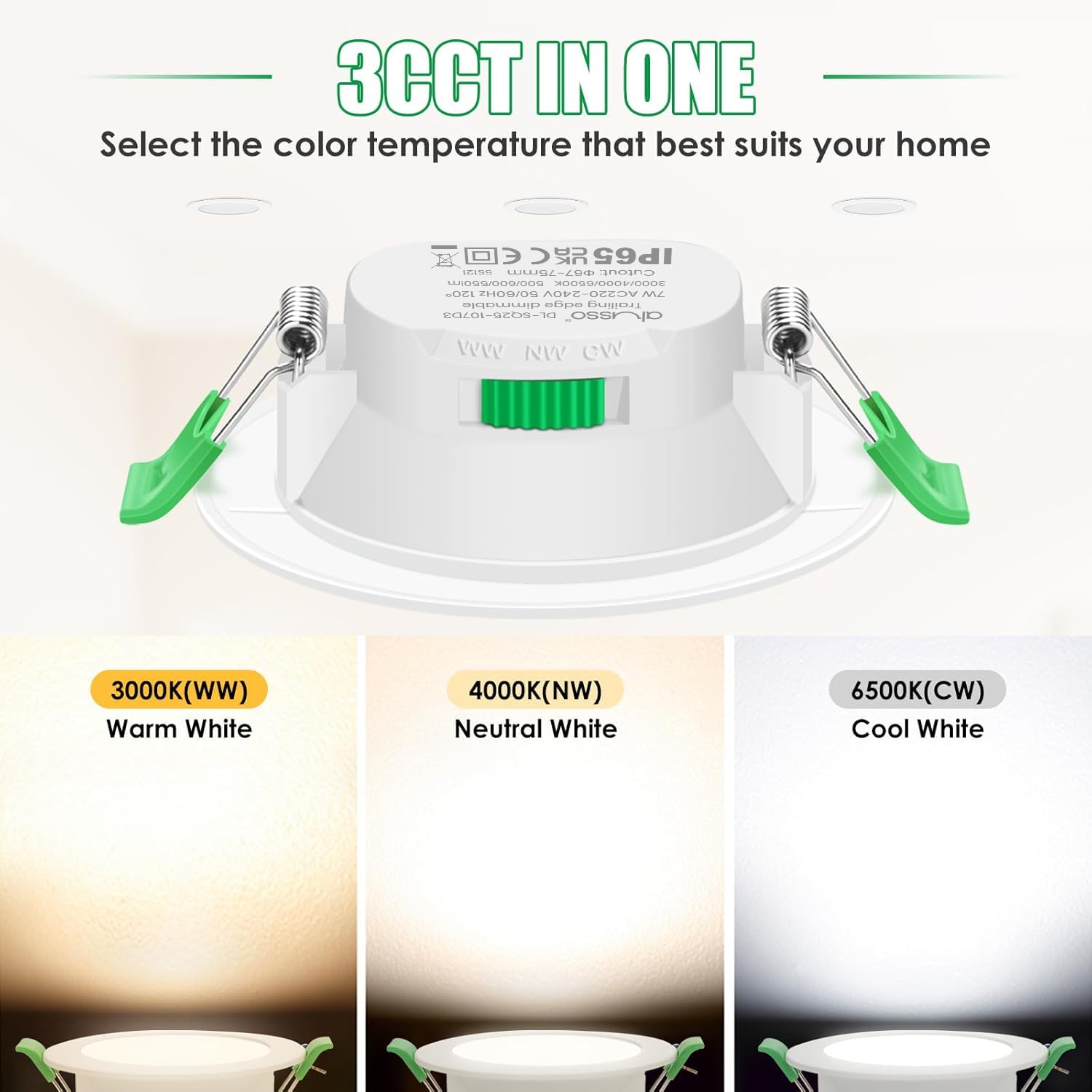 ALUSSO Lot de 6 Spot LED Encastrable 68mm 7W Dimmable AC 220-240V 3000K 4000K 6500K IP65 Réglable Blanc