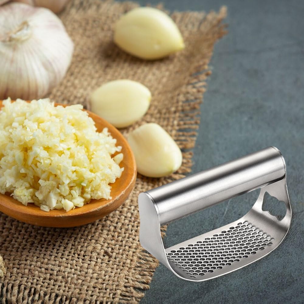 Prensa de ajos, picadora de ajo de acero inoxidable resistente con pelador y cepillo de limpieza, herramienta de cocina eficiente para triturar y picar ajo