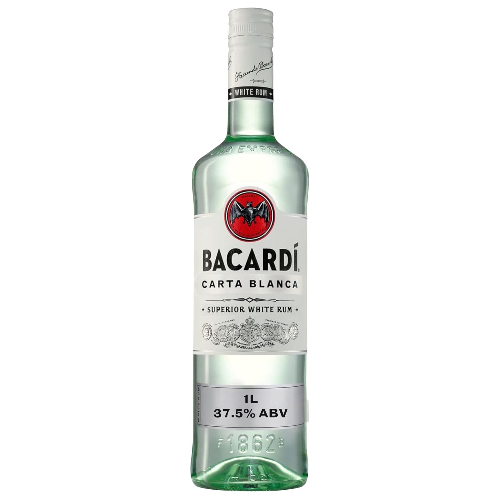 BACARDI Carta Blanca Superior White Rum - 1 l / 100 cl, 37,5% Vol. - Rhum Emblématique des Caraïbes, Idéal pour la Réalisation de Cocktails