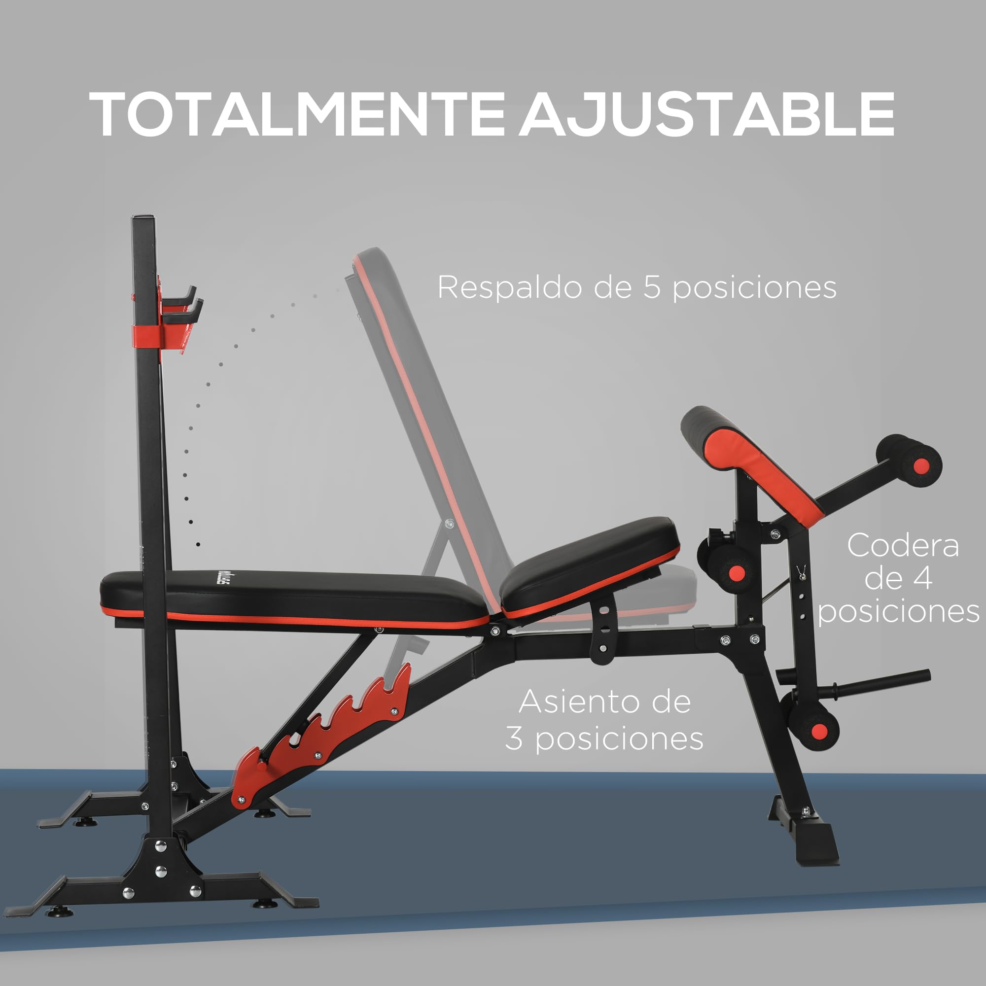 SPORTNOW Banco de Musculación Multifuncional Banco de Pesas Musculación con Respaldo y Soporte de Barras Ajustables Carga 150 kg para Entrenamiento Piernas Abdominal Pecho y Brazos Negro