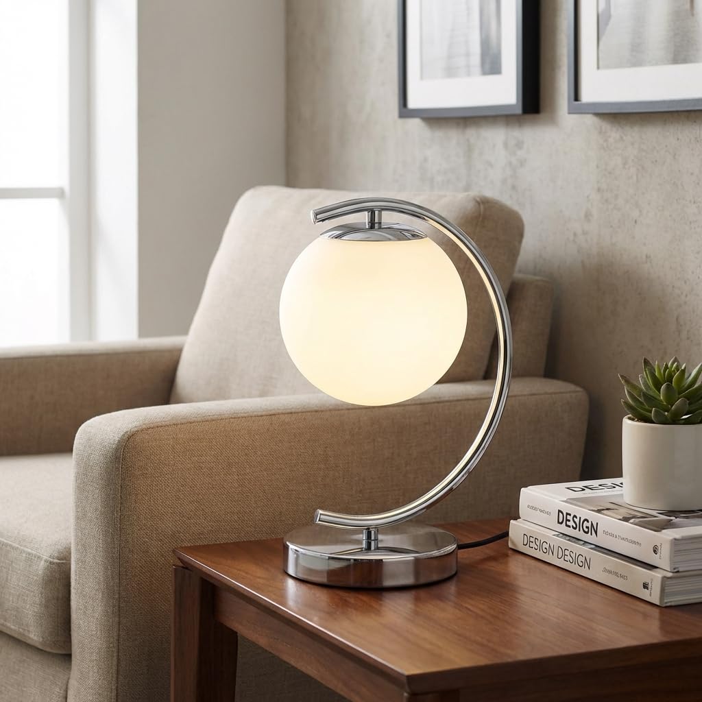 BARCELONA LED Tischlampe SAN in Chrom mit Glaskugel aus Opalglas, Aluminium Metallstruktur, klassisch moderne Luxus Tischleuchte im Retro Design für Schlafzimmer, Wohnzimmer und Schreibtisch E27