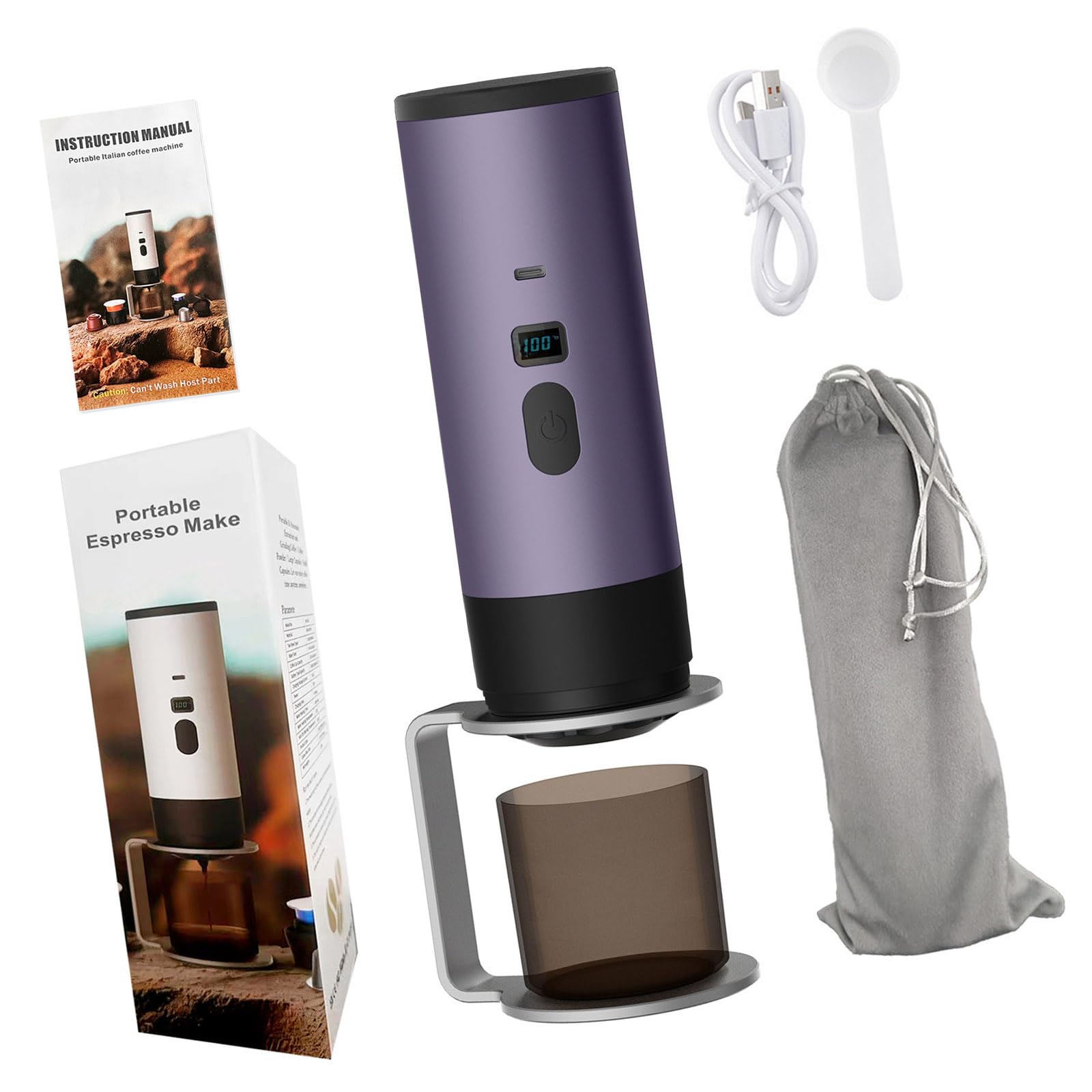 Kalttoy Purple Portable Electric Espresso Machine Auto Heating Usb Rechargeable Compacts Capsuled Coffee Maker For Car Camping Travel Portable Coffee Machine
