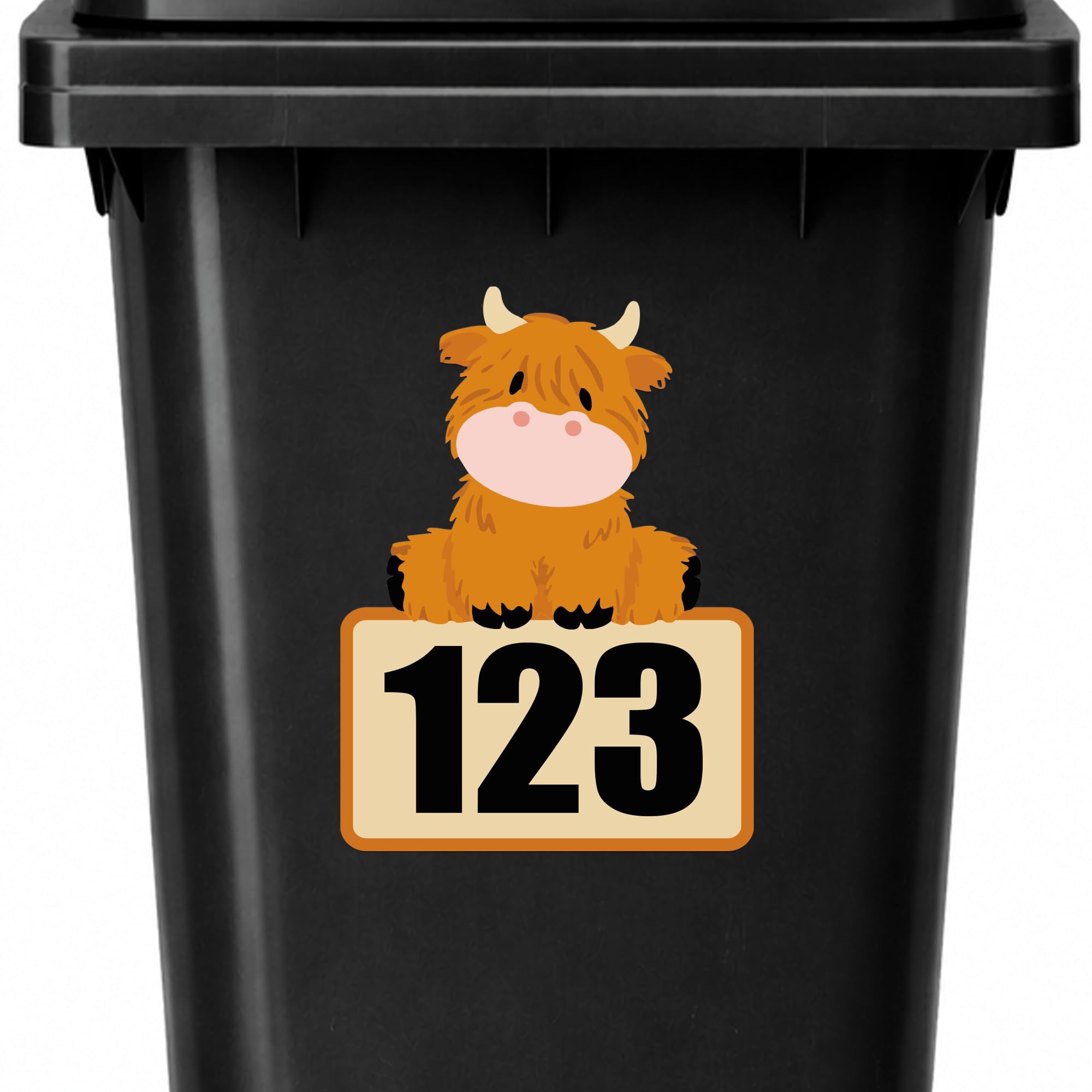 Highland Cow Wheelie Bin Sticker | Personalised House Number Bin Decal | Cute Cow Address Sticker | Outdoor Vinyl Bin Number Sticker