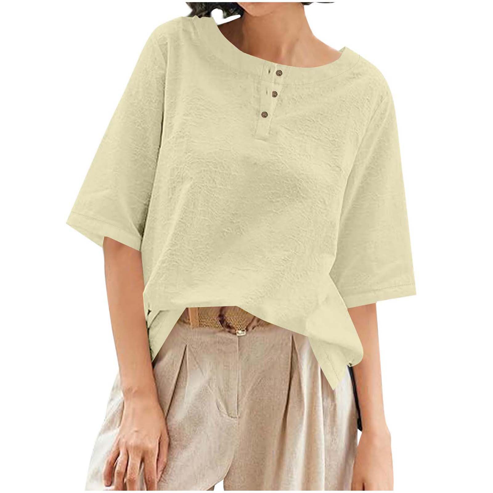 Linen Tops for Women Loose Fit Vintage Vacation T Shirts Half Sleeve Crew Neck Tshirt Casual Boho Travel Beach Clothes