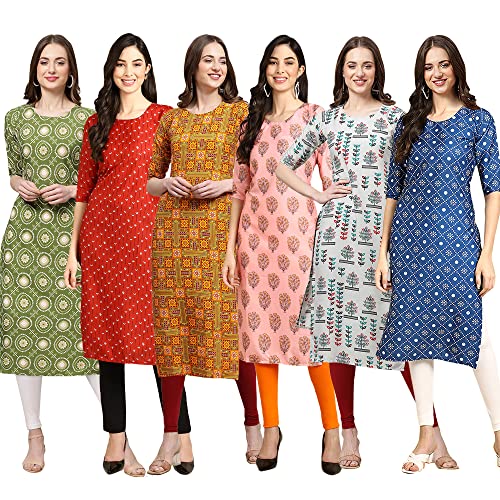 Image of Pinkmint Women's Crepe Digital Print Straight Kurta Pack of 6 [CR-336-370-344-343-328-366]