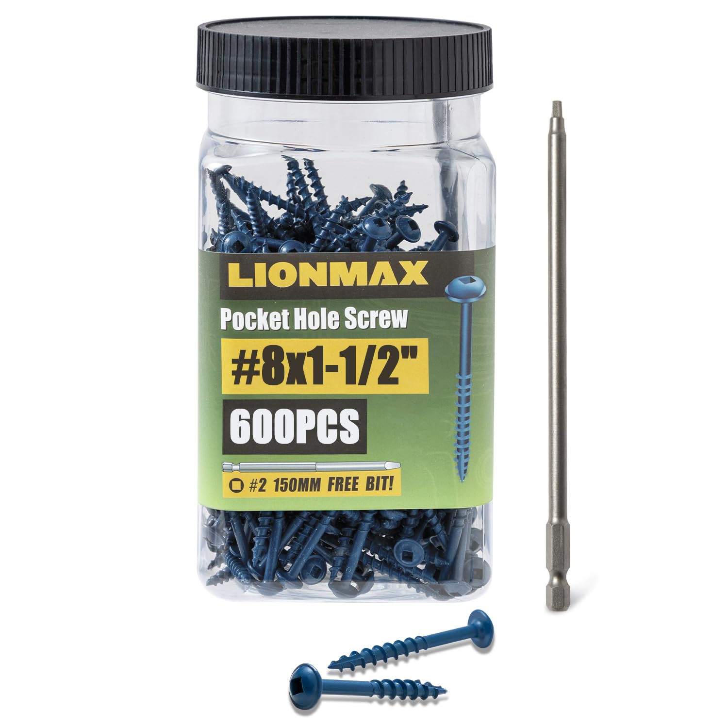 LIONMAX Pocket Hole Screws 1-1/2 Inch, 600 PCS Exterior Pocket Screw #8 x 1-1/2", Coarse Thread, Square Drive, Blue Coated Weather Resistant Pocket