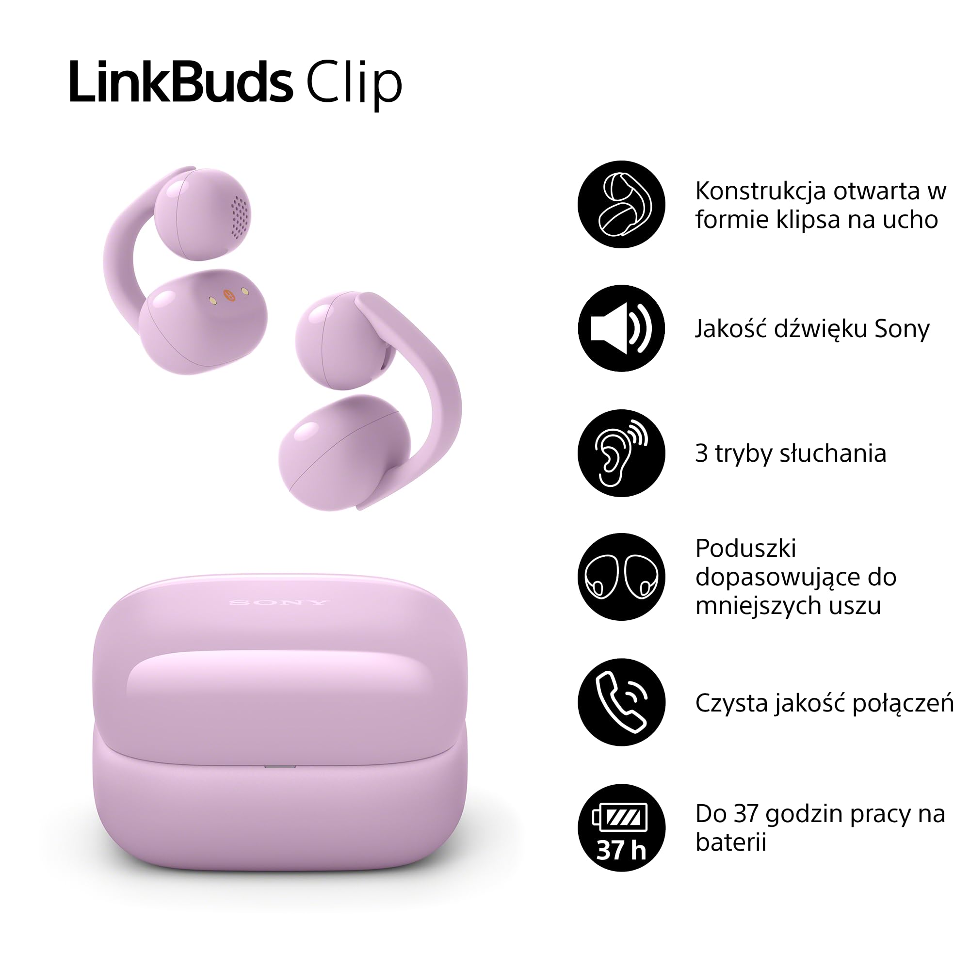 Sony LinkBuds Clip otwarte słuchawki z klipsem, 3 tryby słuchania i bogate brzmienie, IPX4, wyraźne rozmowy, do 37 h na baterii, asystent AI, sterowanie dotykiem, iOS i Android – Lawendowe