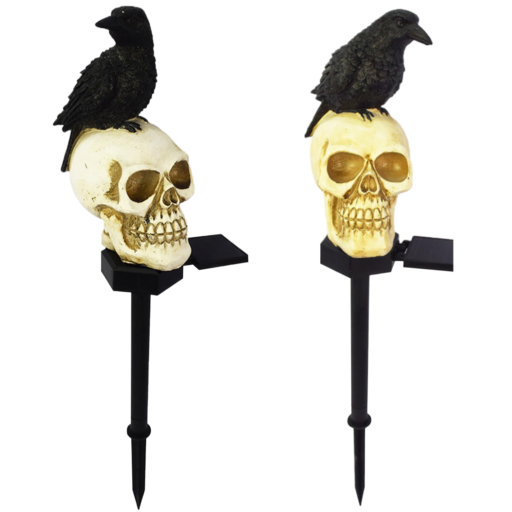 Luces solares de Halloween para exteriores, juego de 2 luces solares de cuervo en calavera, luces solares de Halloween con estaca, impermeables, luz LED blanca cálida, decoraciones de