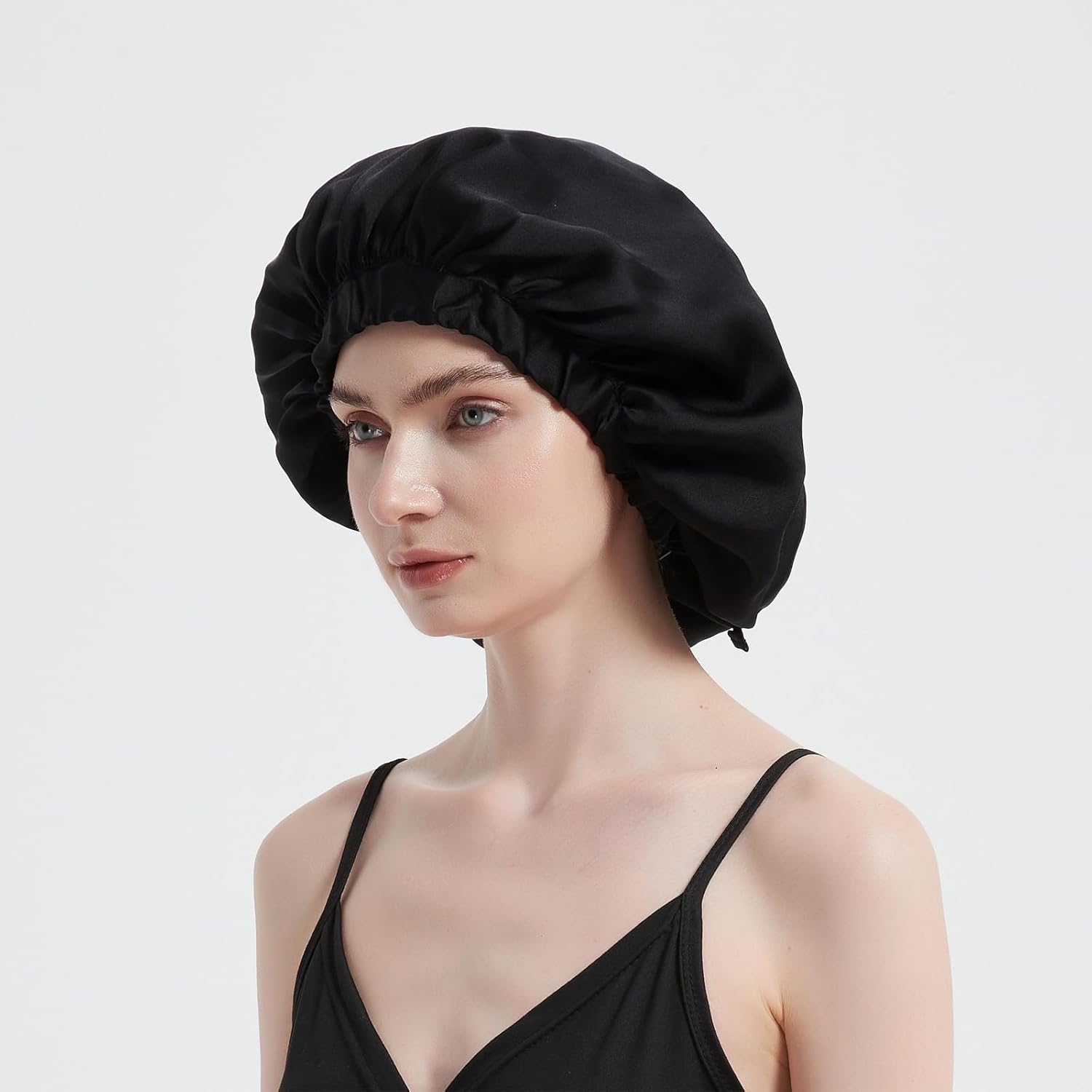 ALASKA BEAR Pure Mulberry Silk Bonnet Sleep Cap Breathable Head Wrap for Natural Curly Hair, Single Layer, Both Sides Silky Smooth w/Adjustable Elastic Band, 25momme Silk, Pitch Black - Image 3