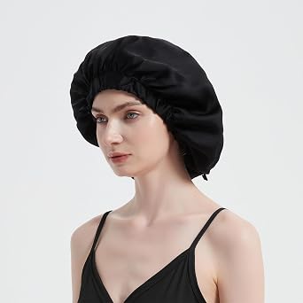 ALASKA BEAR Pure Mulberry Silk Bonnet Sleep Cap Breathable Head Wrap for Natural Curly Hair, Single Layer, Both Sides Silky Smooth w/Adjustable Elastic Band, 25momme Silk, Pitch Black