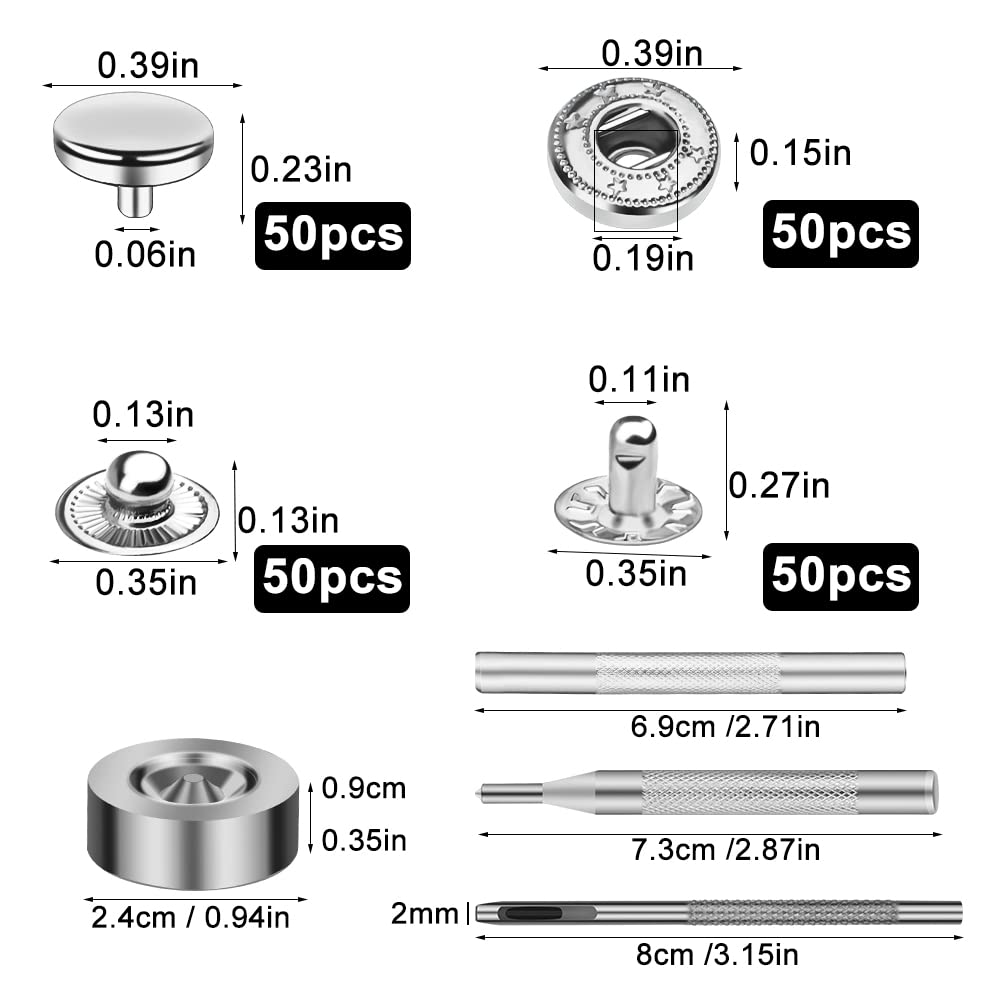 Juego de 50 cierres de cuero con botones de presión de metal plateado, broches de lona de barco de acero inoxidable con 4 herramientas de instalación para coser ropa, pulseras, chaquetas, bolsos,