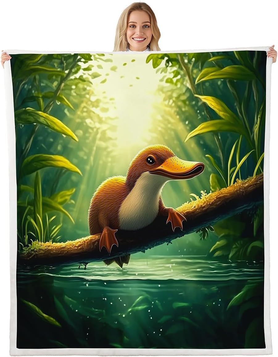 Erosebridal Cute Platypus Throw Blanket Australian Animal Fall Fleece Blanket Autumn Fallen Leaves Sherpa Blanket Twin 60"X80" for Kids Boys Girls Bed,Sea Woodland Wildlife Plush Bed Blanket