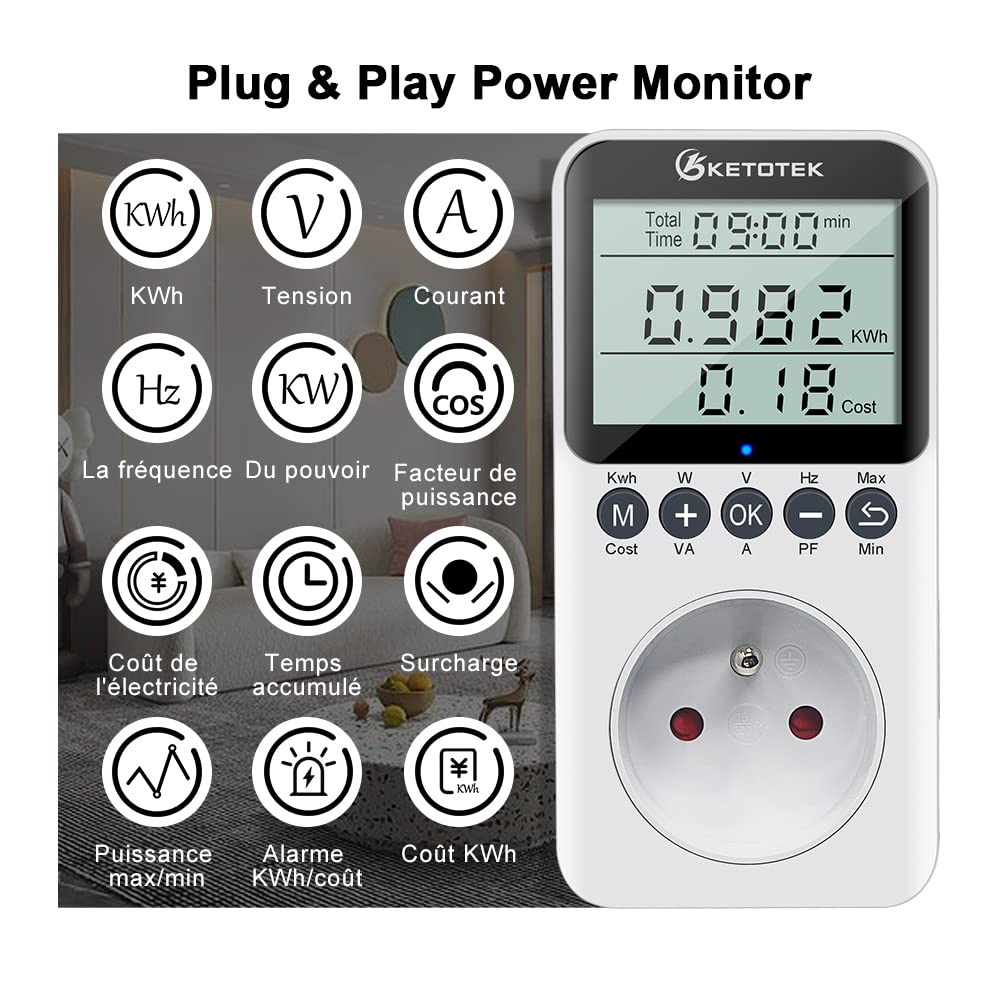 KETOTEK Contadores de Energía Vatimetro Toma, Digital Consumo Energético Medidor 3680W Medidor Eléctrico con Pantalla LCD Medición Consumo Energético Medidor de Consumo