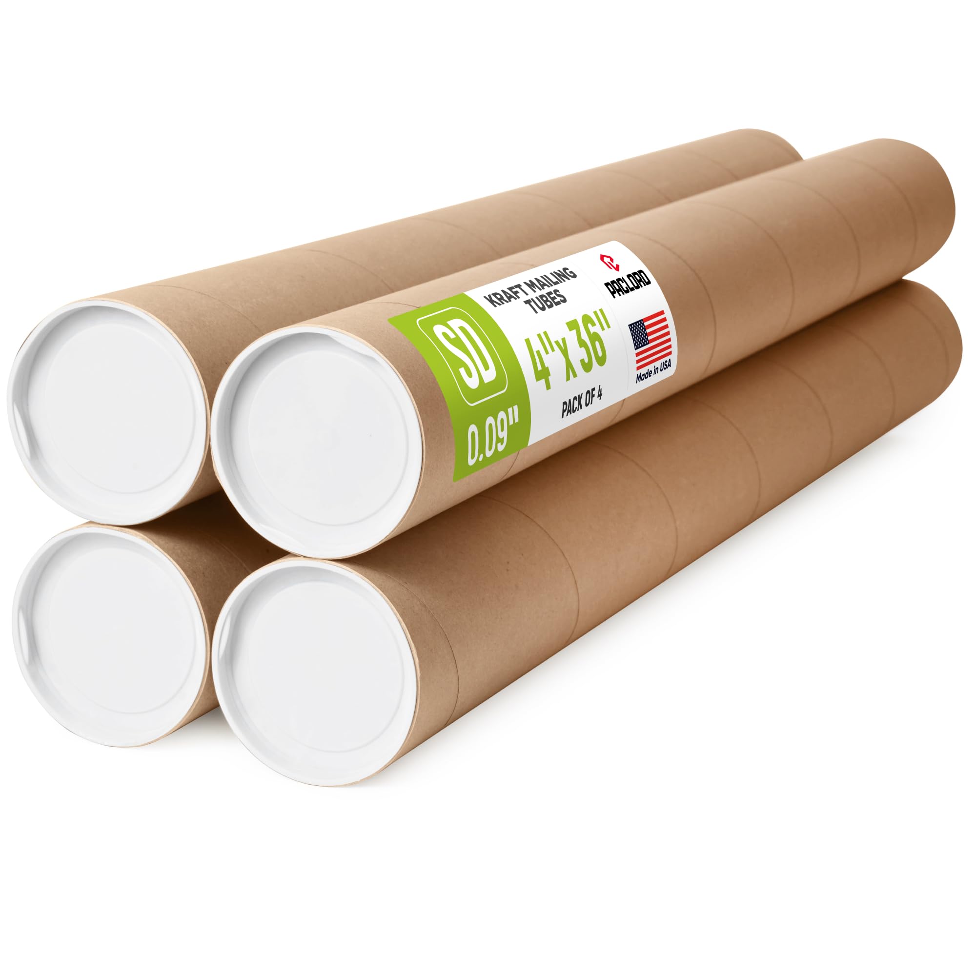 Tubos de correo de papel kraft reforzados de 4 x 36 pulgadas, paquete de 4 tubos con 2 tapas cada uno, tubo de póster aprobado por USPS, tubo de cartón fabricado en Estados Unidos para enviar y