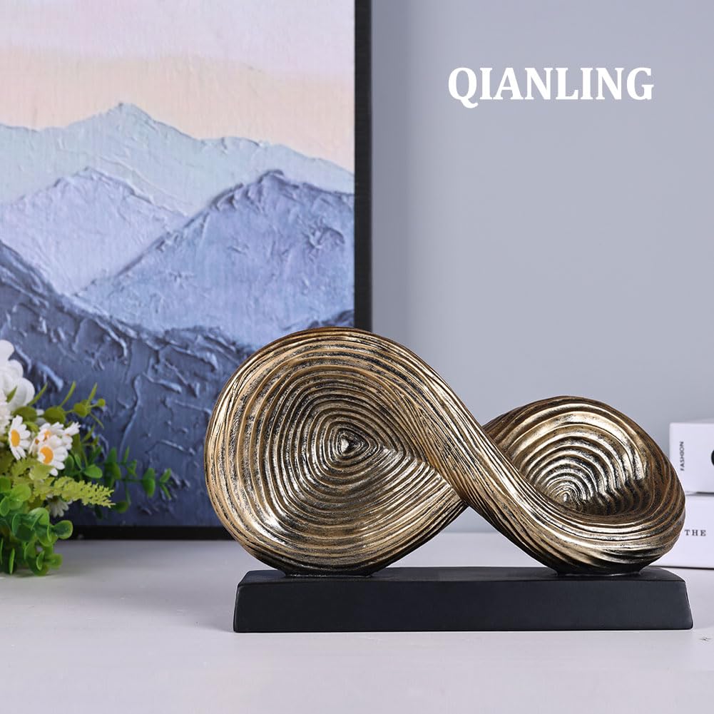 QIANLING Escultura de arte abstracto, escultura de símbolo de bucle infinito, estatua decorativa abstracta, nudo dorado para decoración del hogar, decoraciones modernas para mesa de café, entrada