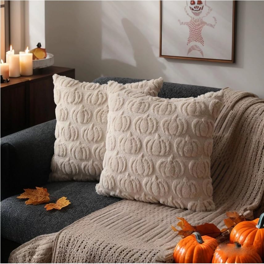 Housses coussin peluche lot de 2 design citrouille 3D beige 50x50 cm
