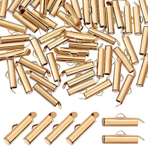 UNICRAFTALE 60Pcs Slide on End Clasps 16mm Stainless Steel Tube Ball Bead Slider Caps Crimp Ends Golden Slider Tubes for Multi-Strand Earring Bracelet Jewelry Making