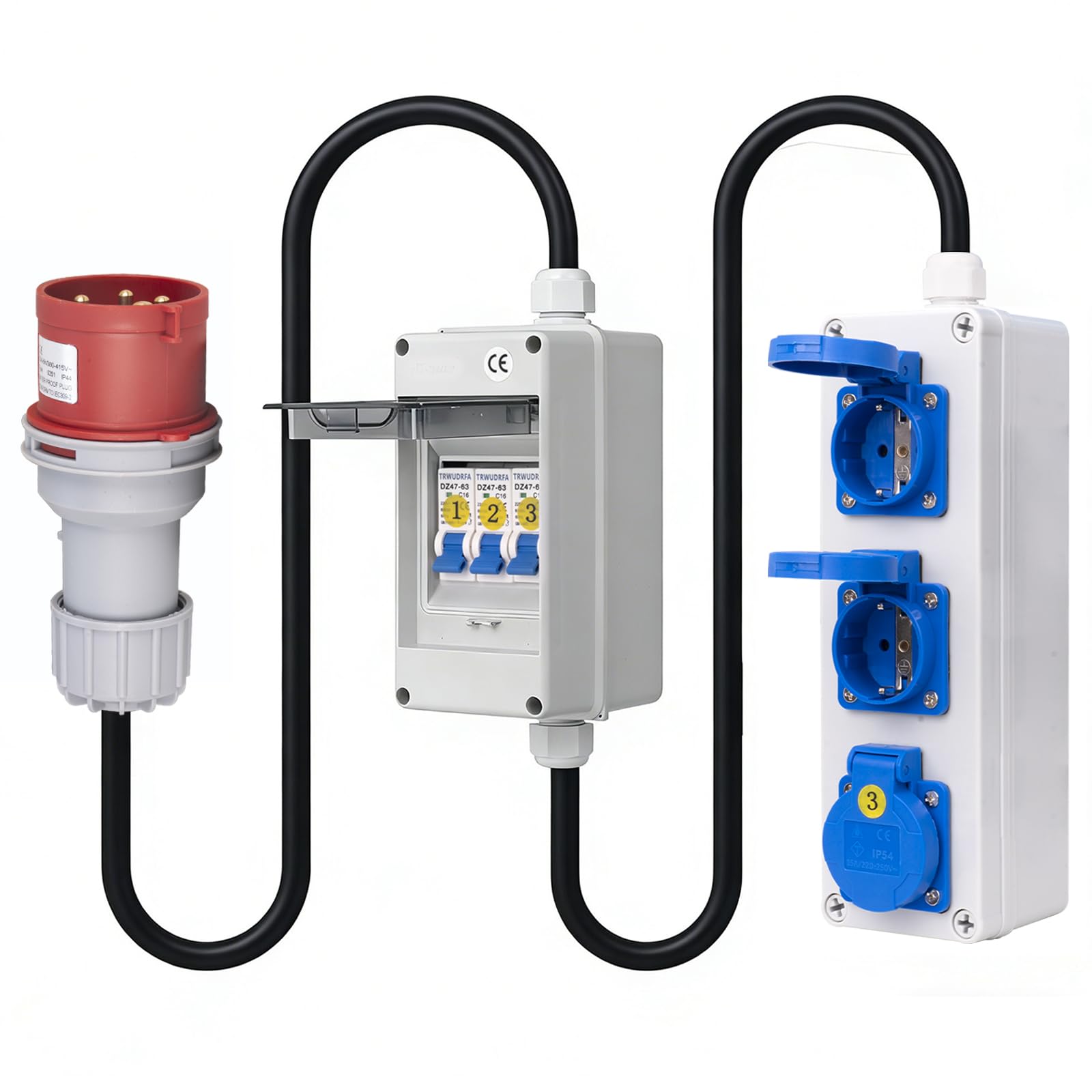 Adaptateur CEE 380 V vers 220 V – Adaptateur courant fort 5 broches 32 A Fiche CEE – Répartiteur IP54 avec 3 prises Schuko 16 A – Boîte à fusibles IP65 avec 3 disjoncteurs 16 A – Câble