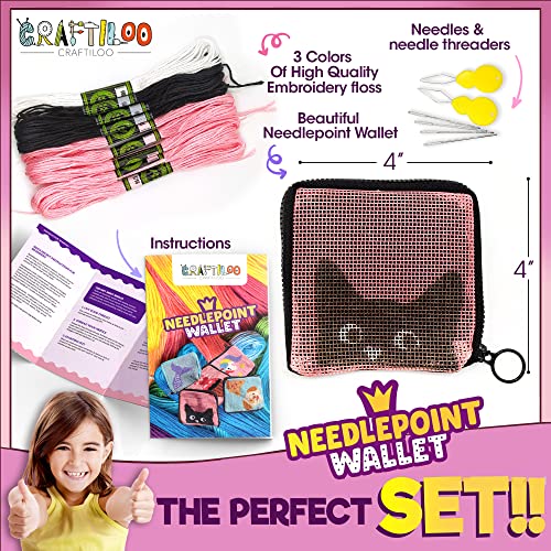 Image of Needlepoint Kit for Kids Ages 6-12 - Cat Wallet Cross Stitch Craft