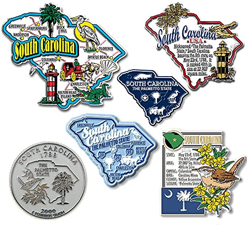 Image of South Carolina Six-Piece State Magnet Set by Classic Magnets, Includes 6 Unique Designs, Collectible 3D Rubber Vintage-Style Souvenirs and Gifts Made in The USA