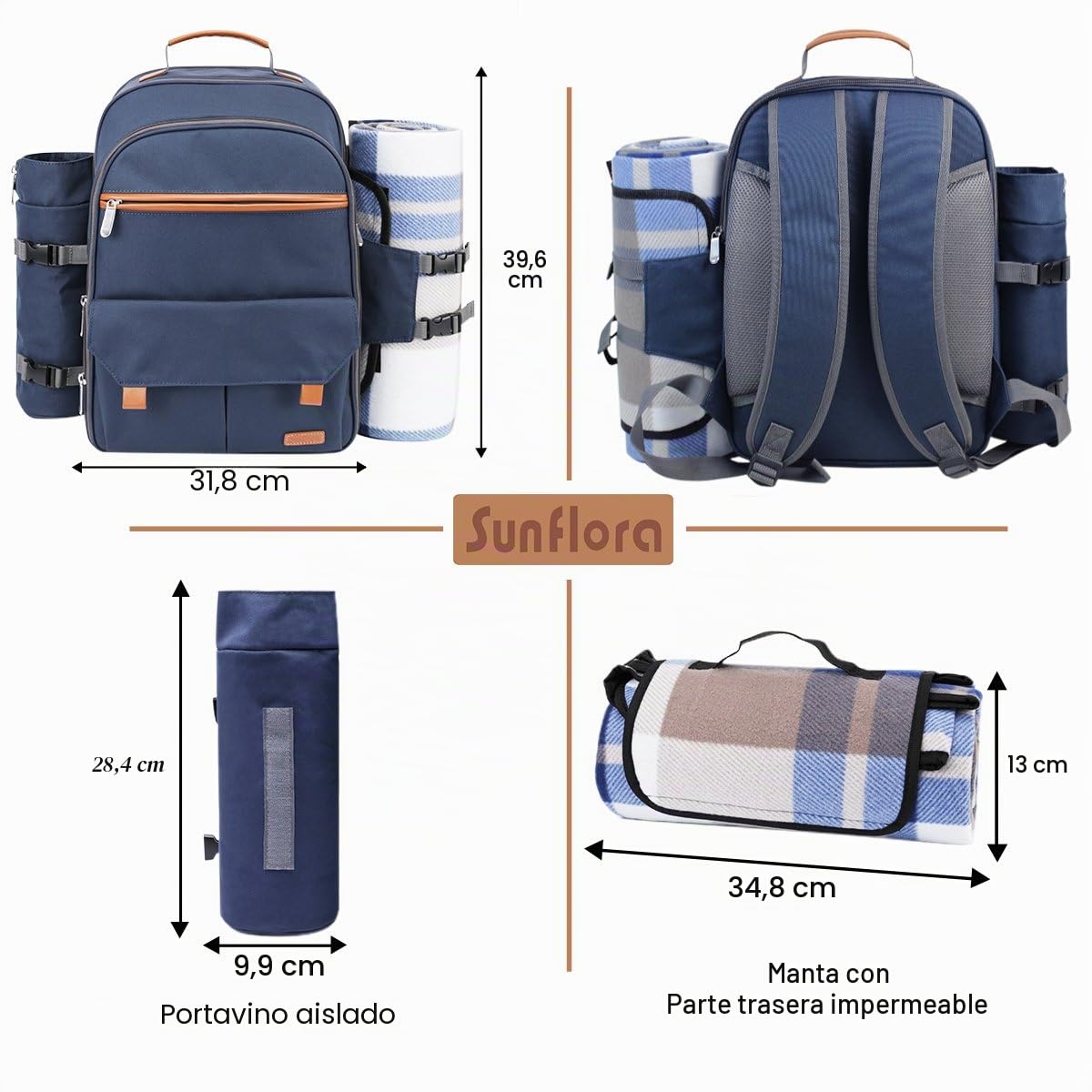 Sunflora Mochila Picnic 4 Personas para Picnic, Cesta Picnic con Manta de Picnic Isotérmica y Compartimiento Desmontable y Botella Titular de Vino de Camping Blosa Picnic(Azul Marino)