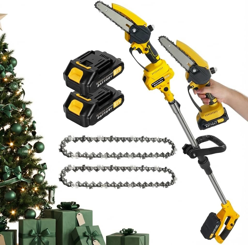 2-in-1 Cordless Pole Saw, Mini Chainsaw with 0.9-5.9ft Retractable Extension Pole for Tree Pruning, Brushless Electric Chain Saw with 2 x 1.5Ah Batteries, Handheld Chainsaw, Gift for Men Yellow