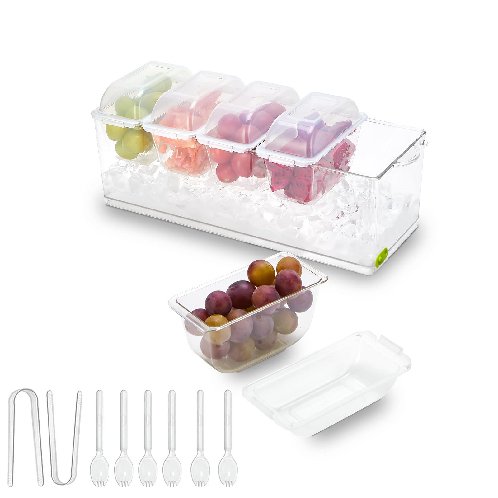Dulzstud Ice Chilled Condiment Caddy with 5 Containers Server with Lids Serving Trays for Parties, Bar Accessories, Fruit, Salad, Taco, Garnish Tray