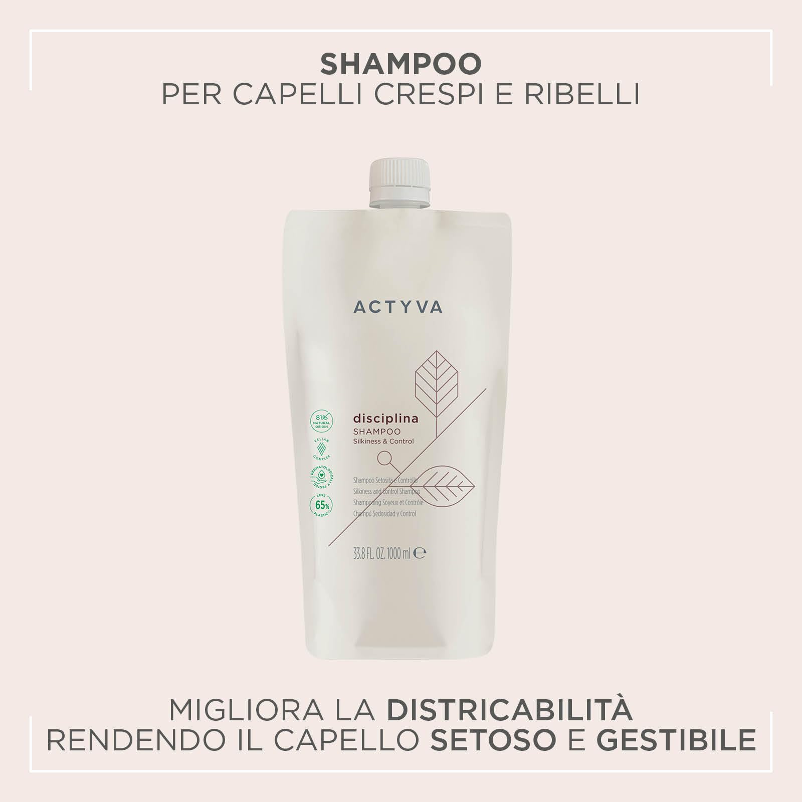 Actyva - Disciplina Shampoo, feuchtigkeitsspendend und entwirrend für krauses Haar, mit Hyaluronsäure und Mandelöl, Seideneffekt - 1000 ml