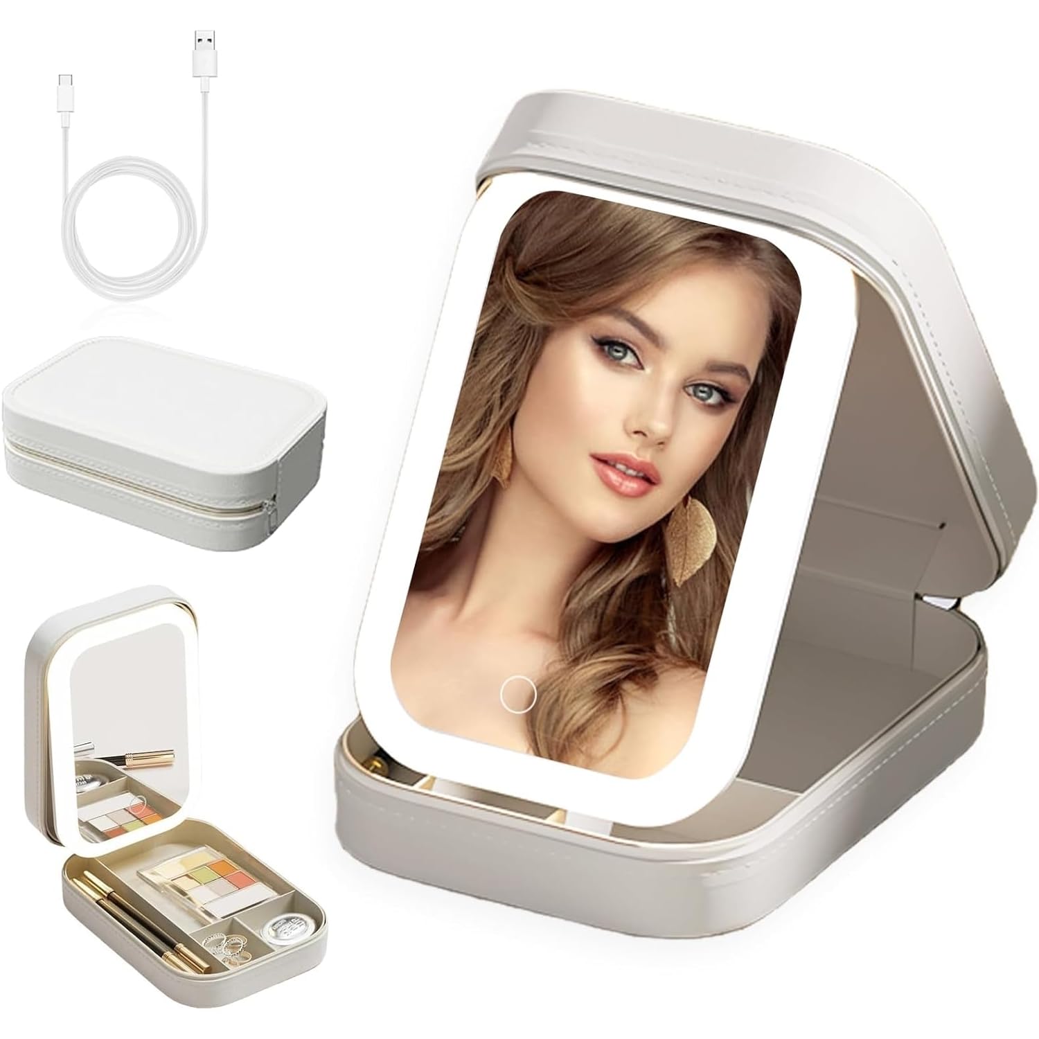 V-VRAT Travel Portable LED Makeup Bag with Adjustable Light-Up Mirror, Rechargeable|3-Color Lighting, Dust-Proof Cosmetic Case, Jewelry Organizer and Multi-Compartment Storage Box for Women (White)-image-29