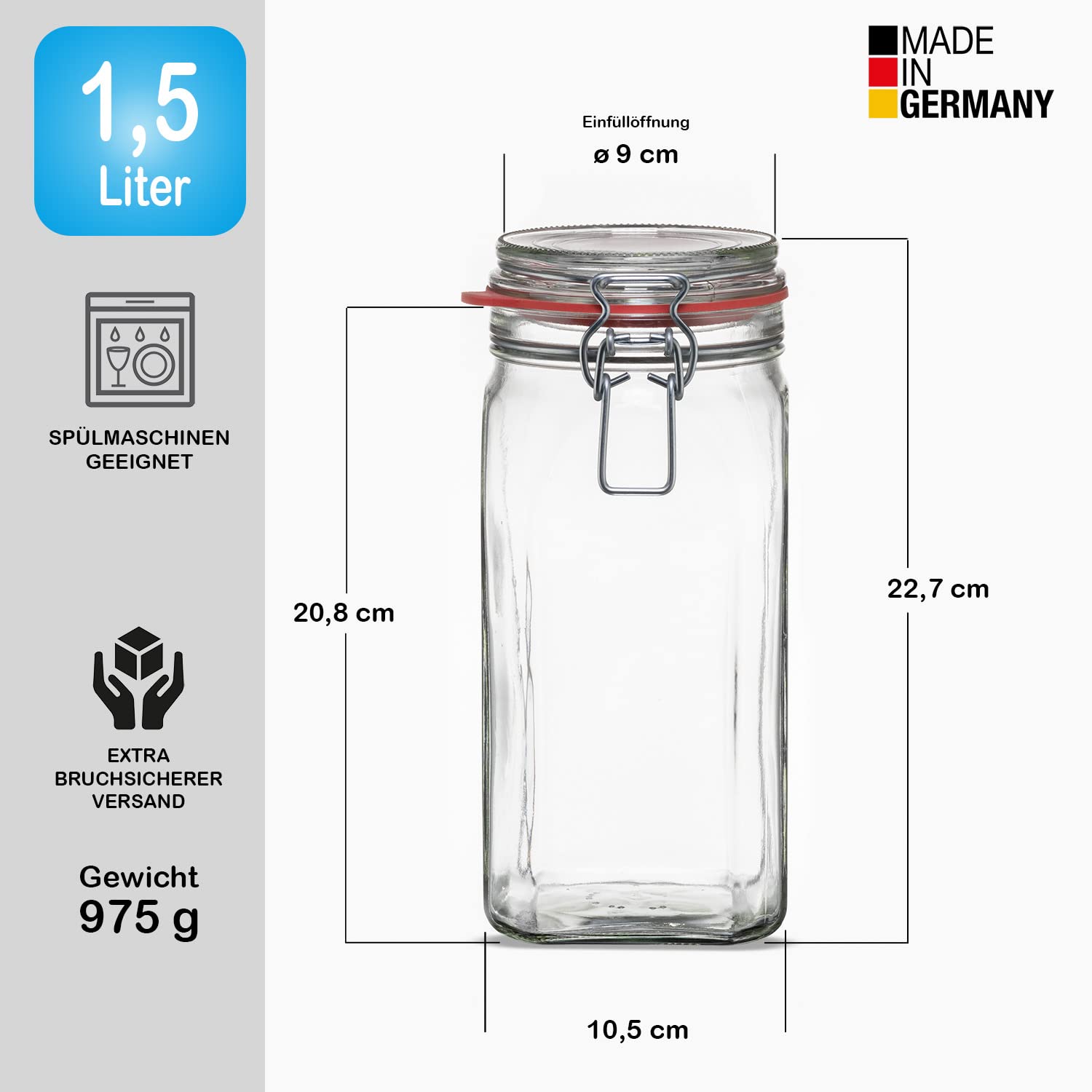 BigDean Set van 6 voorraadpotten, 1,5 liter, weckpotten met deksel