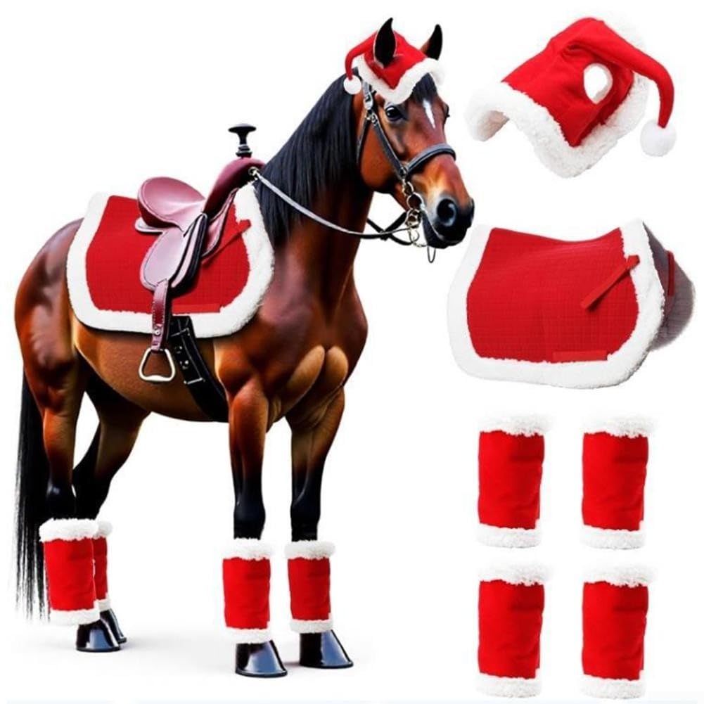 6-teiliges Weihnachtspferd-Outfit, rotes Sattelkissen, Weihnachtsmannmütze, Beinstulpen, verstellbar, Fleece, Reitsport, Festival, Verkleidungsset, Pferdemütze, Kostümzubehör für Pferde