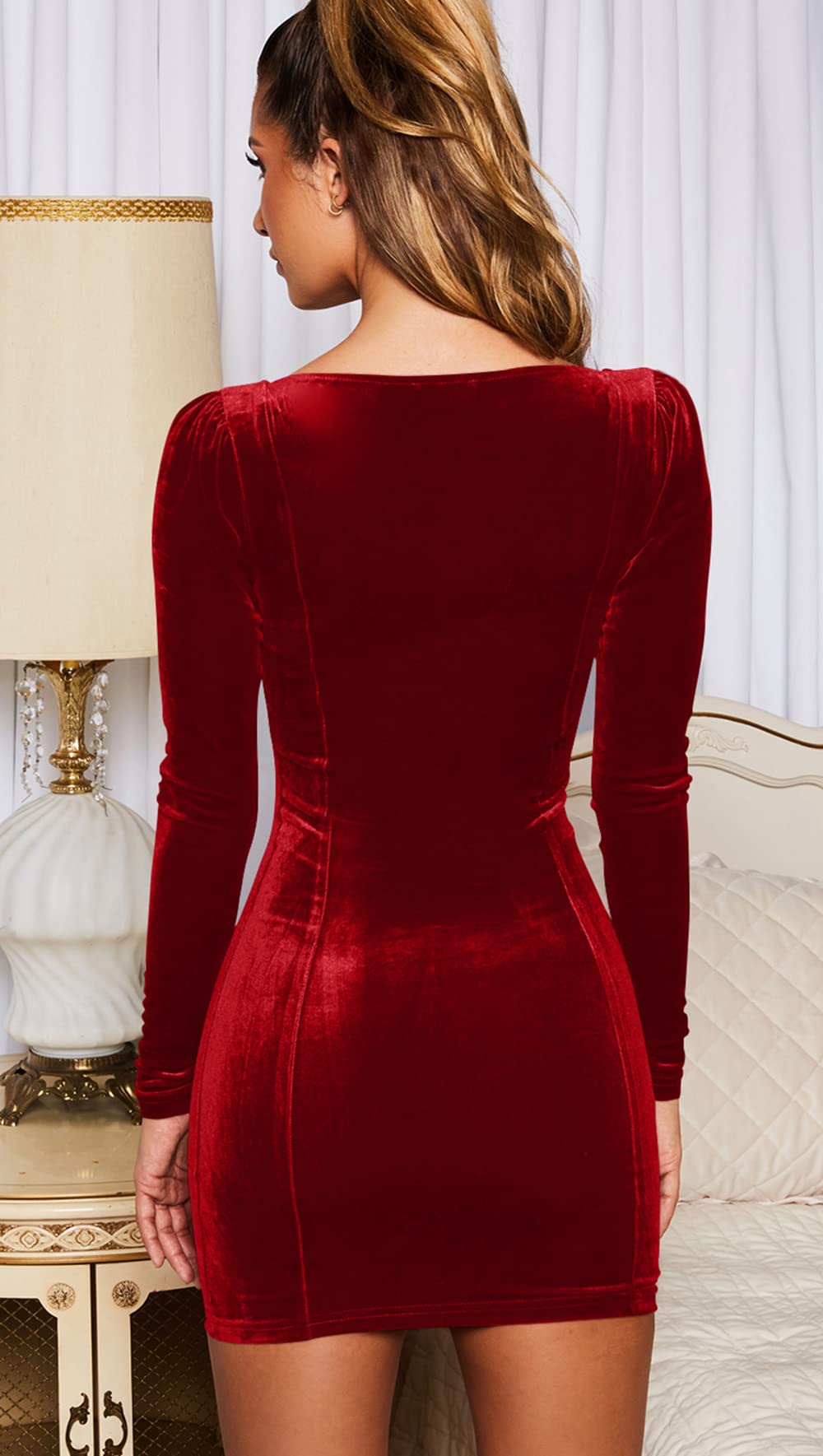 GOBLES Womens Sexy Velvet Long Sleeve Bodycon Elegant Mini Party Dress: Medium Red