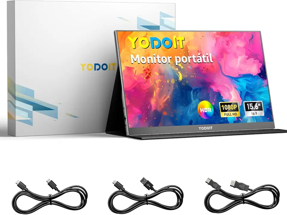 Yodoit Monitor Portátil 15,6" 1080P 100% SRGB FHD Tela com Porta USB Tipo C HDMI com Capa Inteligente Compatível com Laptop, PC, MacBook, Xbox, PS5, Phone