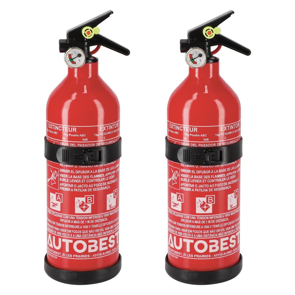 Autobest Lot de 2 extincteurs 1kg à Poudre - Classes de Feux ABC - avec manomètre et Support - pour Voiture et Maison