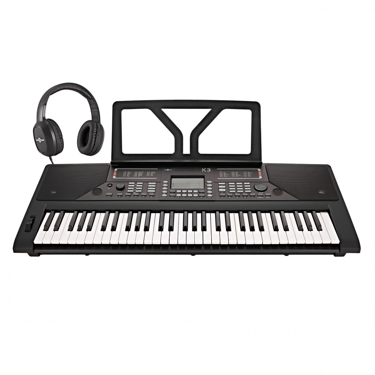 K3 Keyboard mit 61 Tasten von Gear4music, Bundle mit Kopfhörer | 61 anschlagdynamische Tasten mit 64-facher Polyphonie, über 400 Stimmen und 200 Rhythmen, Aufnahme, 8W-Lautsprecher