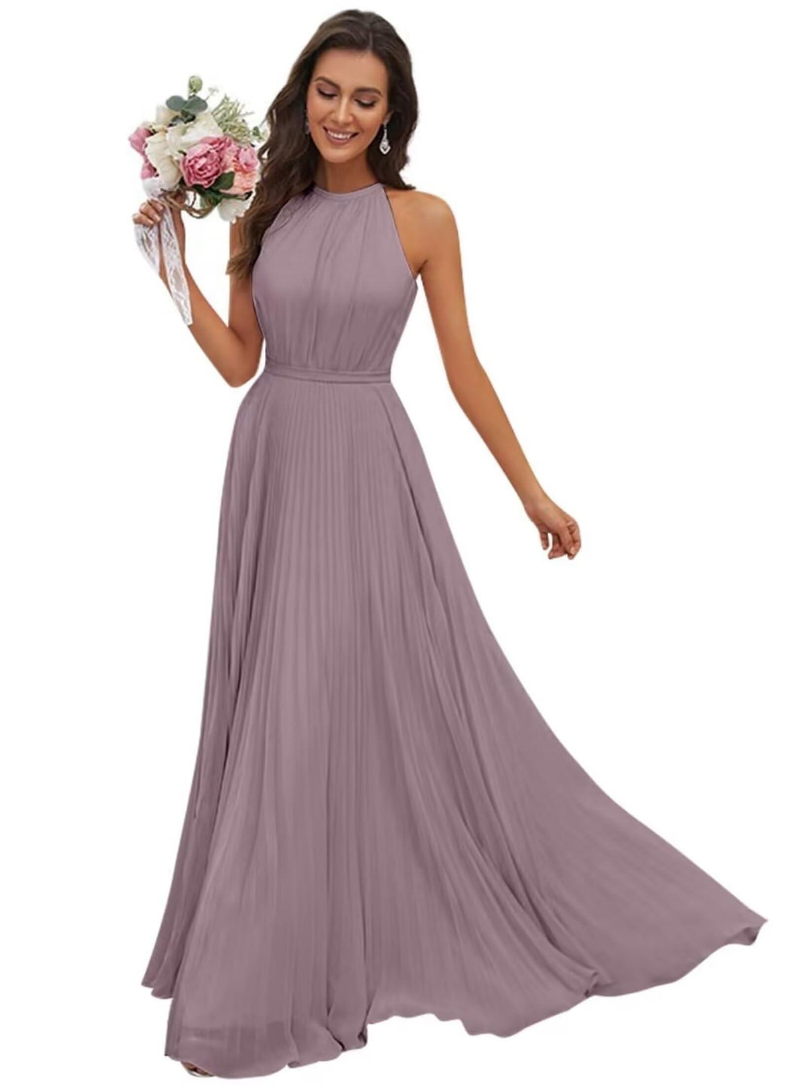 JAEDEN Abendkleid Damen Lang Elegant für Hochzeit Neckholder Brautjungfernkleider Chiffon Festliches Party Kleid Wisteria 38