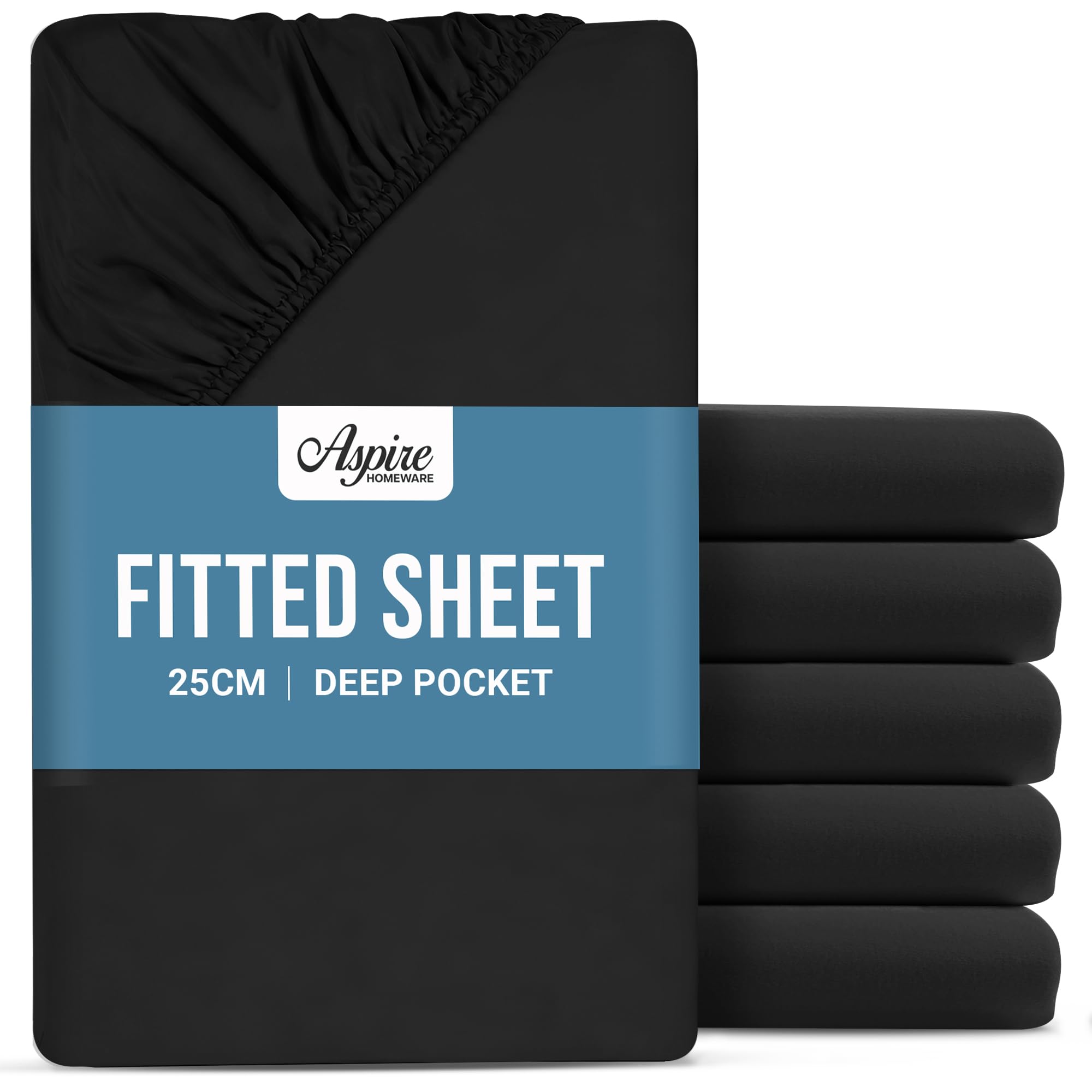 Aspire Homeware Small Double Fitted Sheet - 25cm Deep 6 Pack (Black)