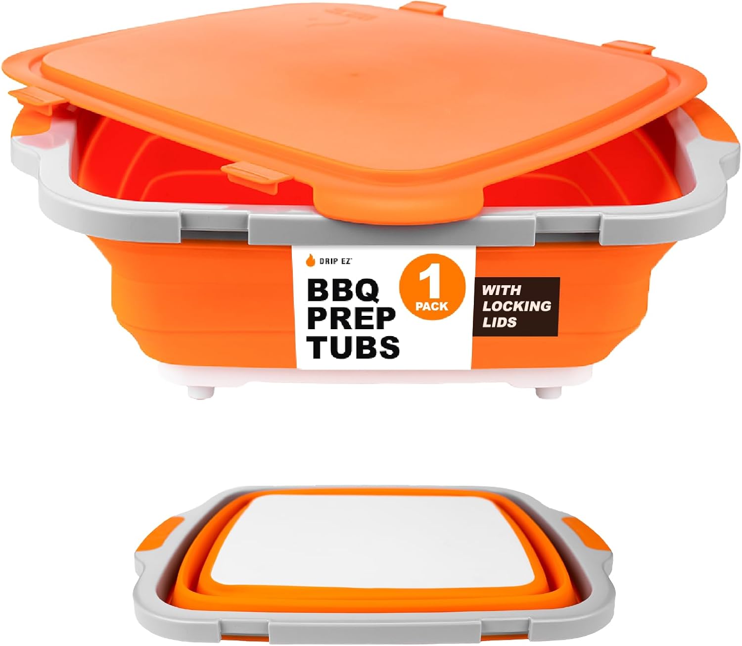 DripEZ Collapsible BBQ Prep Tub with Cutting Board & Locking Lid - Orange Meal Prep Marinating Storage