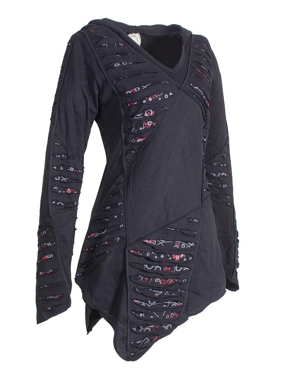 Vishes - Alternative Bekleidung - Langarm Damen Baumwoll Cutwork-Kleid Hoodie Zipfelkapuze Asymmetrisch