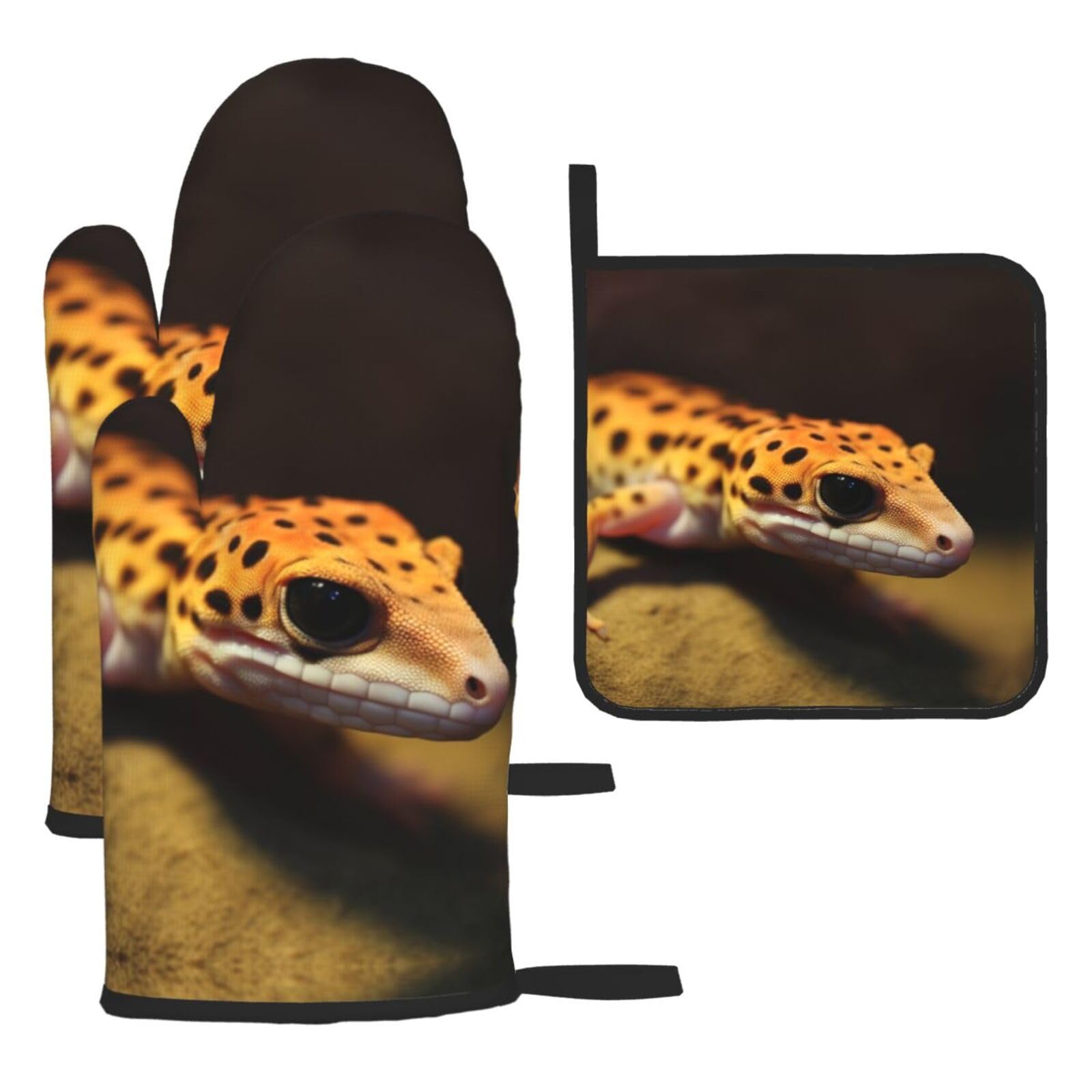 3 Piece Oven Mitts and Pot Holders Set Heat Resistant Oven Gloves and Potholders BBQ Gloves Hot Pads Leopard Little Gecko Cooking Gloves for Kitchen Baking Grilling