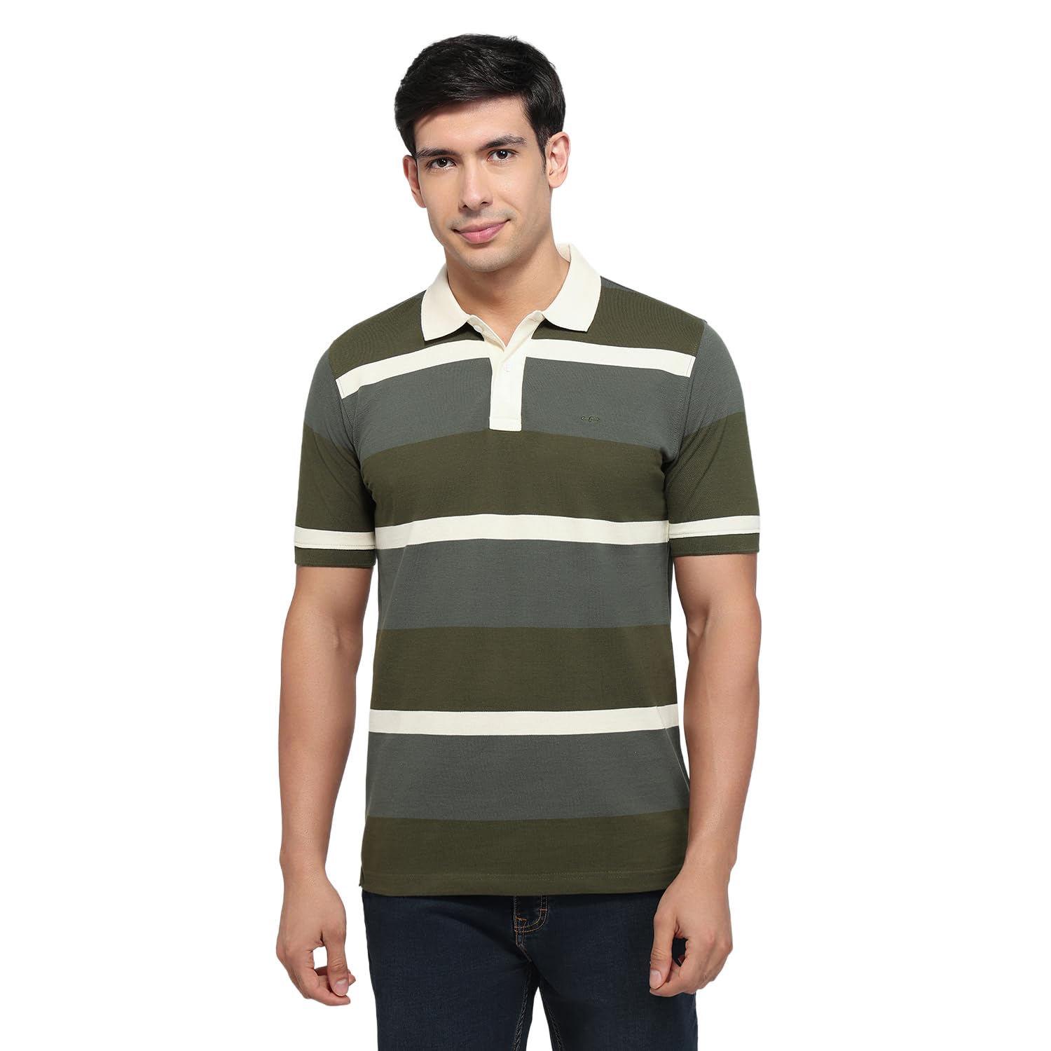 colorplus Men Regular Fit Stripe Pattern Pure Cotton Polo Neck Half Sleeve Casual T-Shirt-picture-32