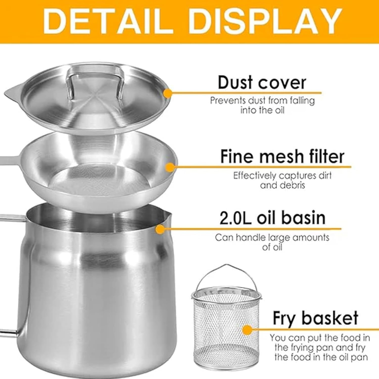 68oz Stainless Steel Bacon Grease Container with Strainer, Cooking Oil Storage Can with Mesh Filter, Lid and Easy-Grip Handle,Fat Separator for Storing Fats, Frying Oil and Cooking Grease (2L)