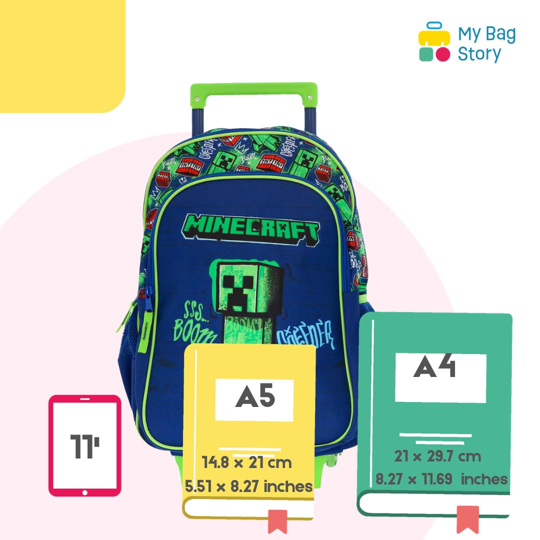 mybagstory | Zaino con ruote Minecraft | 2 scomparti | Verde | Borsa scuola Creeper Boom 48 cm con tasche laterali in rete e robusto sistema trolley ideale per la scuola elementare.