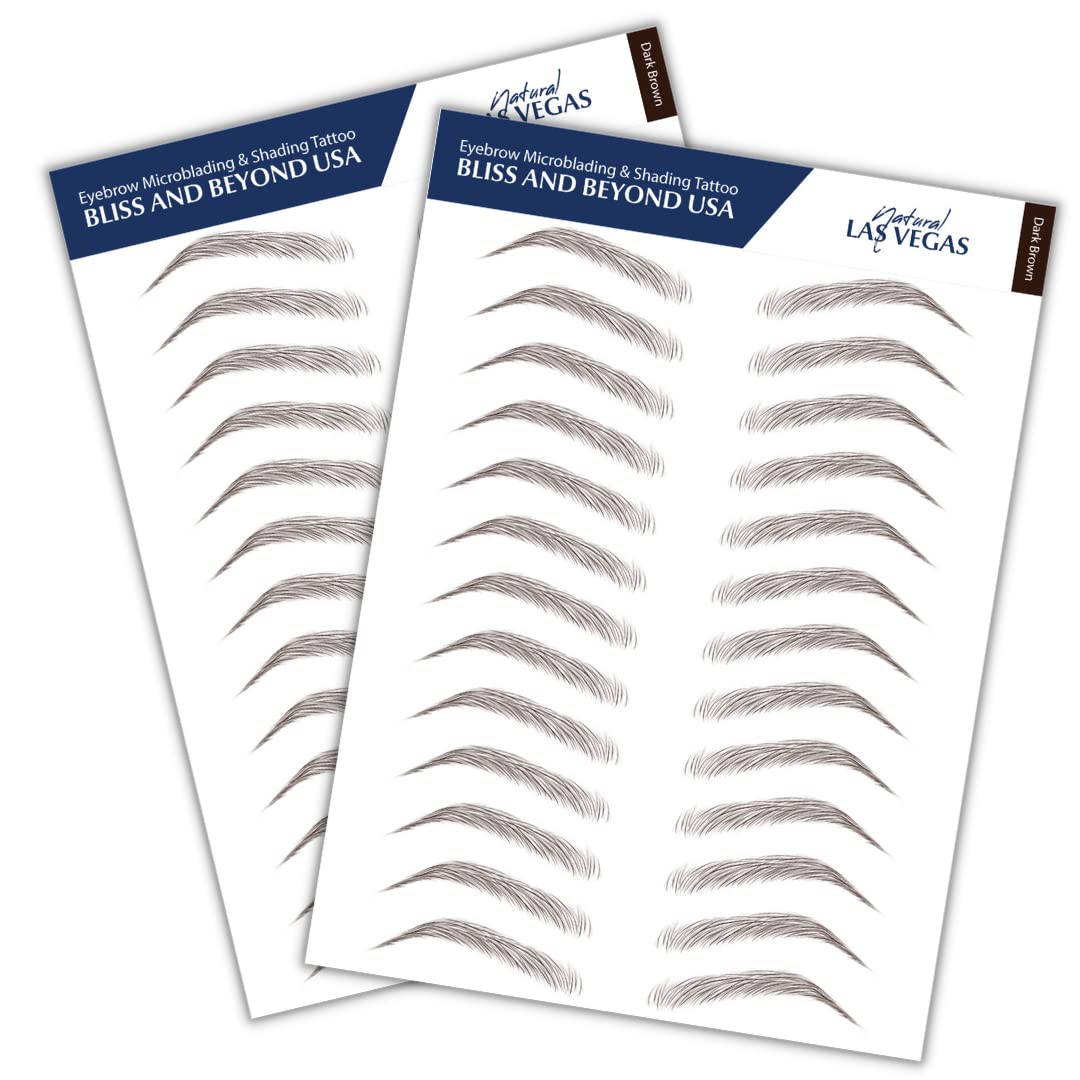 2 sheets eyebrow tattoo waterproof sticker, Long Lasting, Natural Looking Fake Eyebrow for Alopecia, Chemo, Cancer gift. Same Size eyebrow tattoos (Natural Las Vegas, Dark Brown)