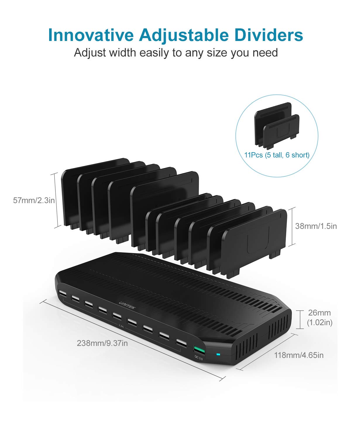 Unitek Estación de carga rápida con carga rápida 3.0, estación de carga multiUSB para múltiples dispositivos, iPhone, iPad, tablet, Kindle-negro (certificado UL)