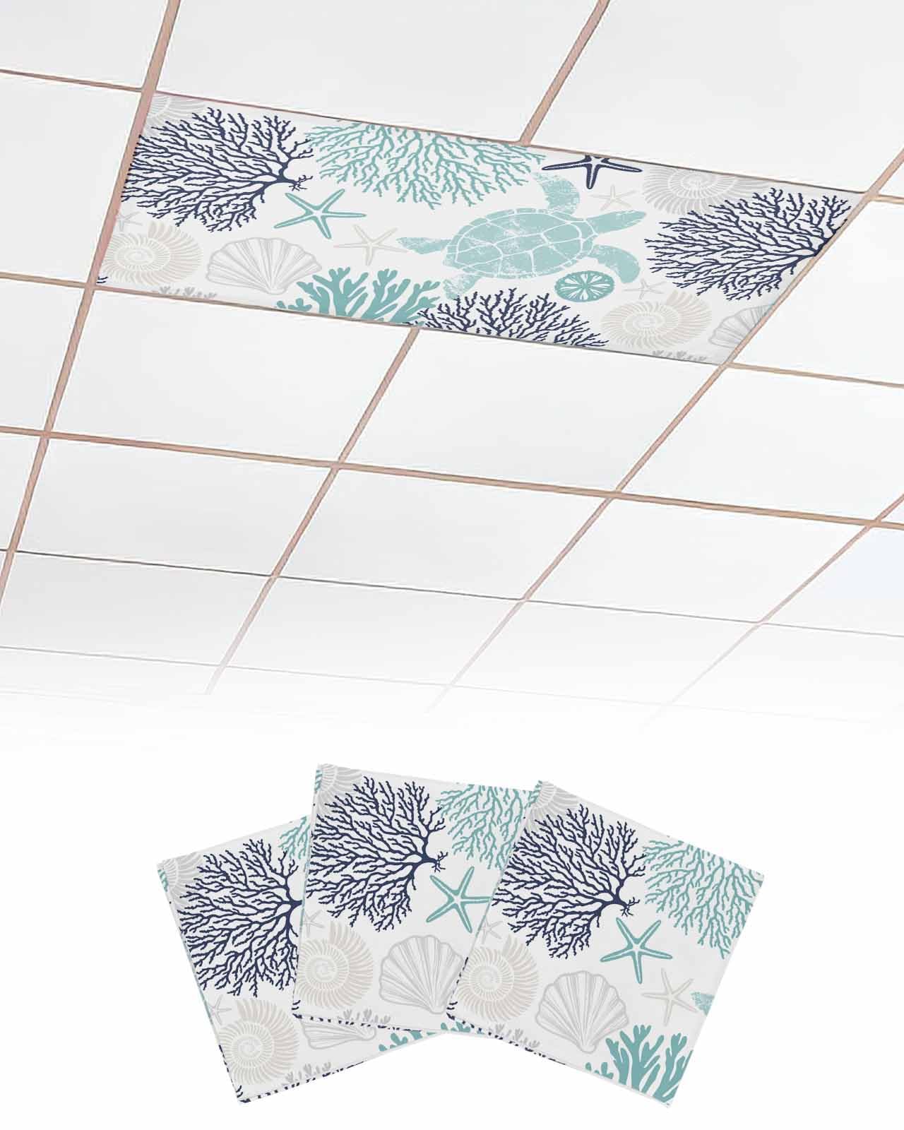 EwdeWwo Ocean 3 Pcs Fluorescent Light Covers for Ceiling Lights, Turquoise Navy Sea Turtle Coral Starfish Magnetic Light Filters for Eliminate Harsh Glare Classroom Office Decoration, 4 x 2 Ft