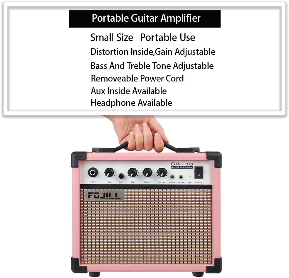 Fojill Full Size 4 Four String Electric Bass Guitar 20W Amplifier Amp Right Hand Beginner Starter Kit Set Combo Bundle Accessory Gig Bag,Strap,Picks,Capo,Noiselss Cable,Strings (Pink)