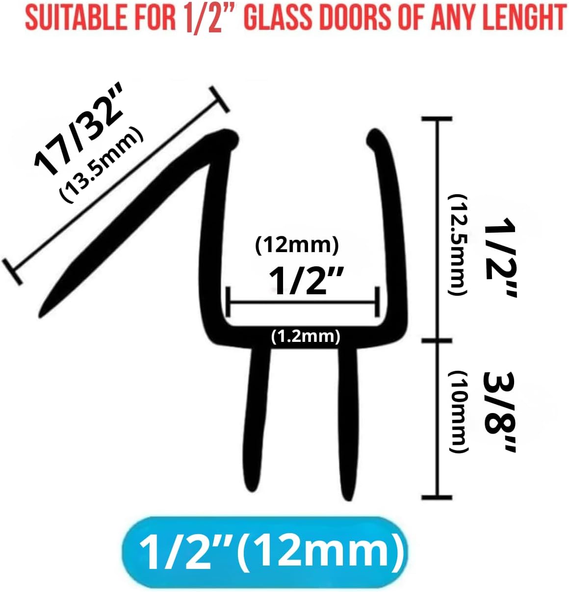 2-Pack Frameless Shower Door Bottom Seal for Glass Doors, Stop Leaks and Create a Water Barrier 39"L for glass shower door Transparentg seal strip (1/2" (12mm))
