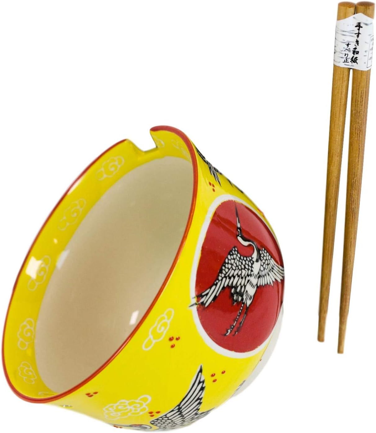 Ebros Red Flying Crane With Red Moon Yellow Sky Ramen Udon Noodles Large 6.25"D Soup Bowl With Bamboo Chopsticks And Built In Rest Set for Asian Dining Rice Meal Bowls Decor Kitchen