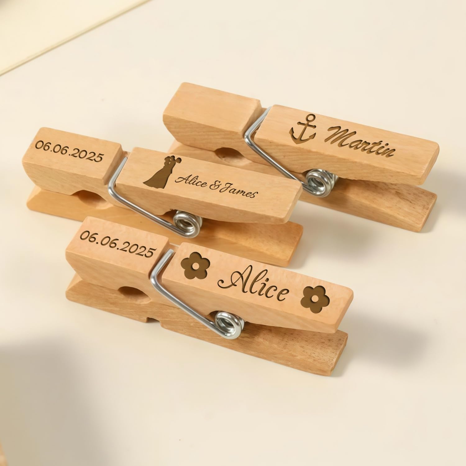 10PCS Personalized Mini Wooden Pegs for Photos, Custom Initials Name Date Engraved Craft Clothespins, Elegant Favor Bag Sealed Clips for Wedding Birthday Party